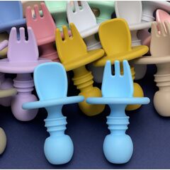 Приборы для самых маленьких: ложка и вилка силиконовые, 8 см, Вариация: с ограничителем, Цвет: главный