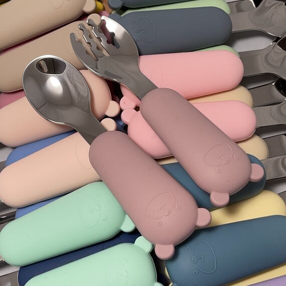 Приборы мишки: ложка и вилка силиконовые, 12 см, Цвет: главный